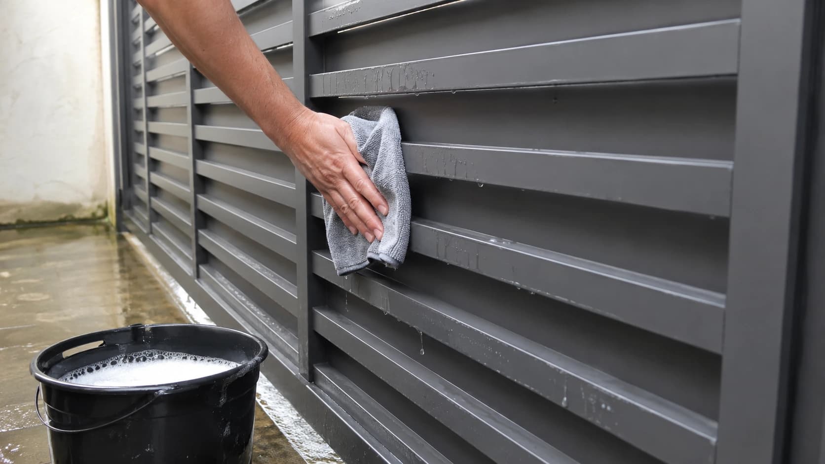 Pano macio passando sobre a lâmina de um portão de alumínio pintado, com balde de água e detergente neutro ao lado