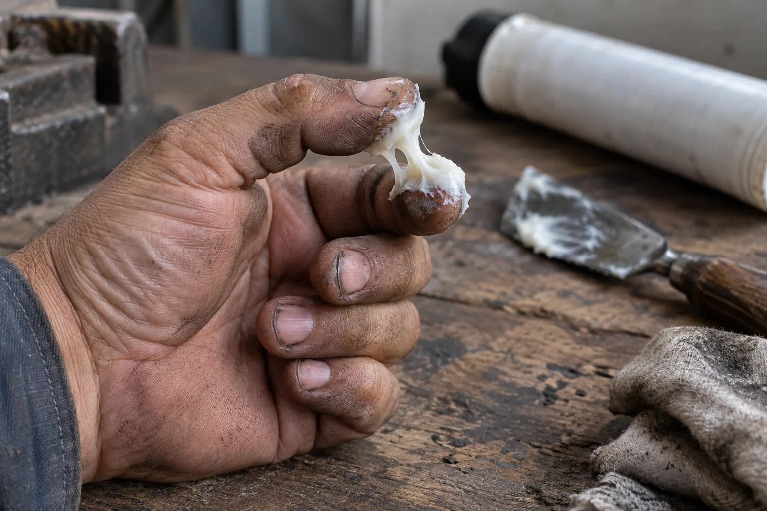 Dedos de mecânico esfregando graxa branca espessa sobre uma bancada de oficina