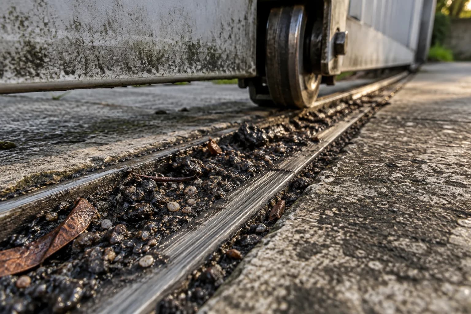 Trilho de portão de correr entupido de graxa escura misturada com areia, com sulcos paralelos marcados no metal