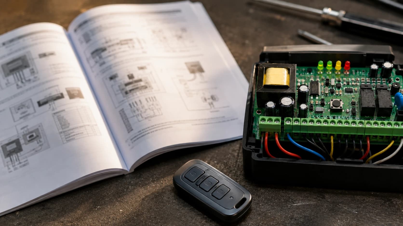 Manual impresso aberto ao lado da placa eletrônica de um automatizador de garagem