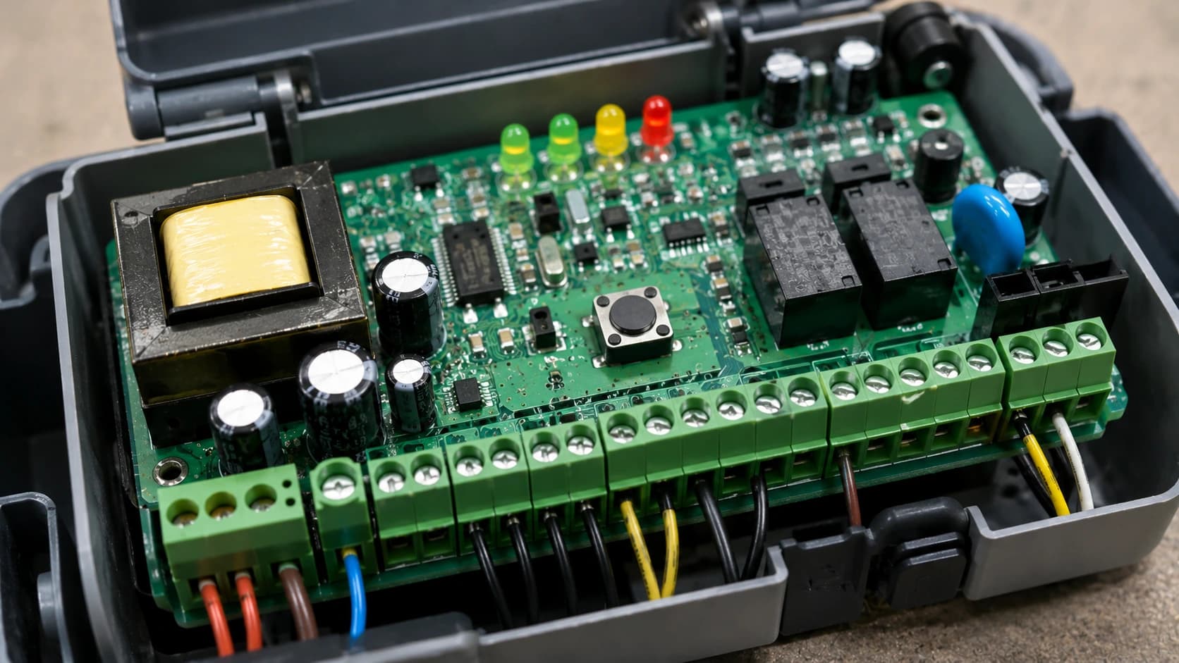 Placa de central de portão eletrônico aberta, com o botão de programação e o LED de confirmação visíveis