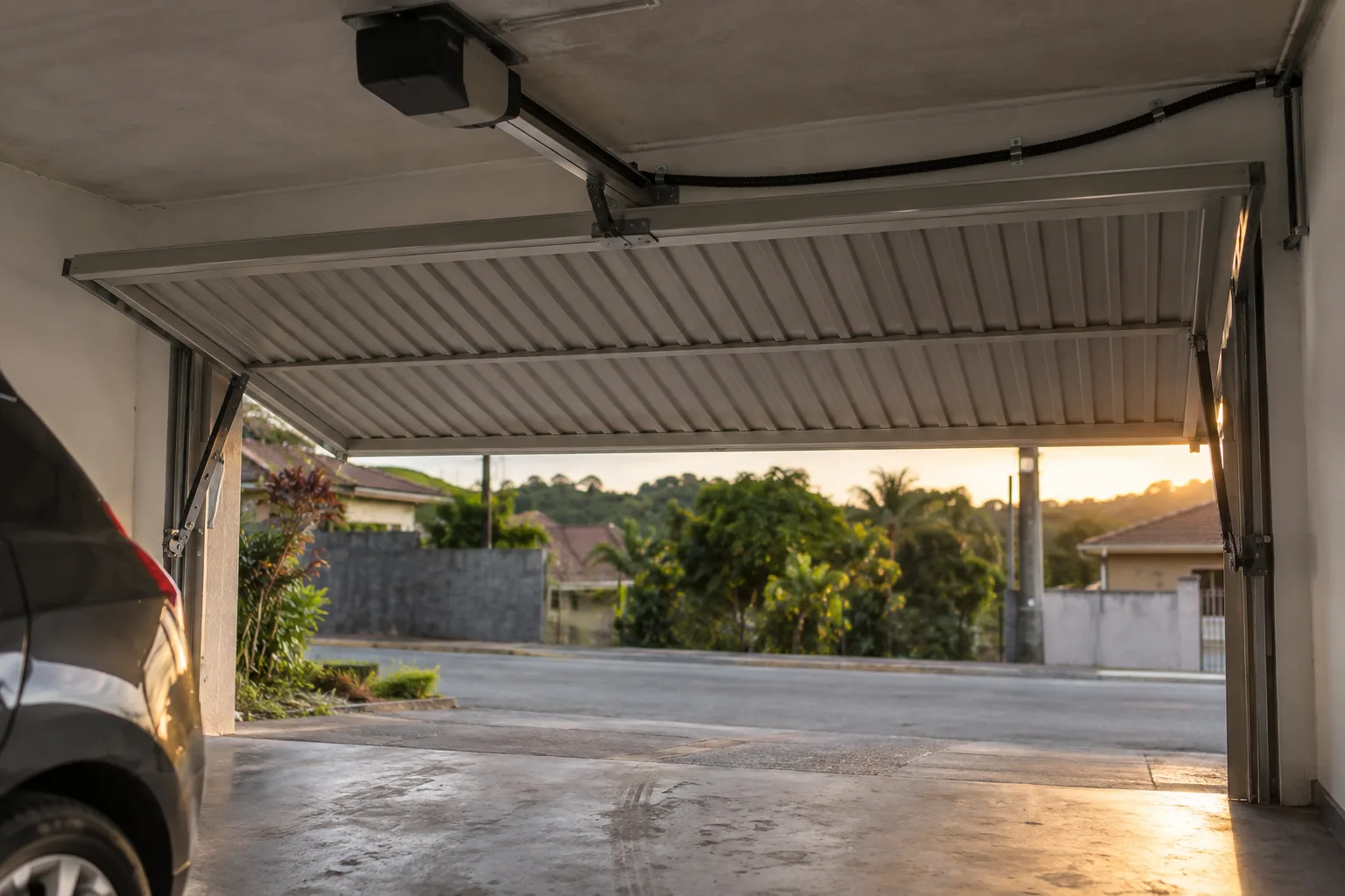 Portão basculante de alumínio parado a meio curso de abertura com automatizador de trilho fixado no teto da garagem