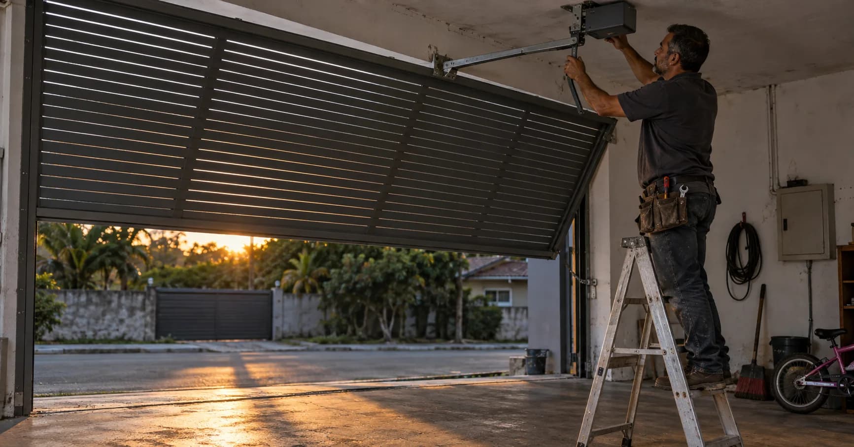 Instalador sobre escada apoia a mão no motor de portão basculante fixado na laje da garagem enquanto a folha de alumínio grafite fica entreaberta ao fim da tarde