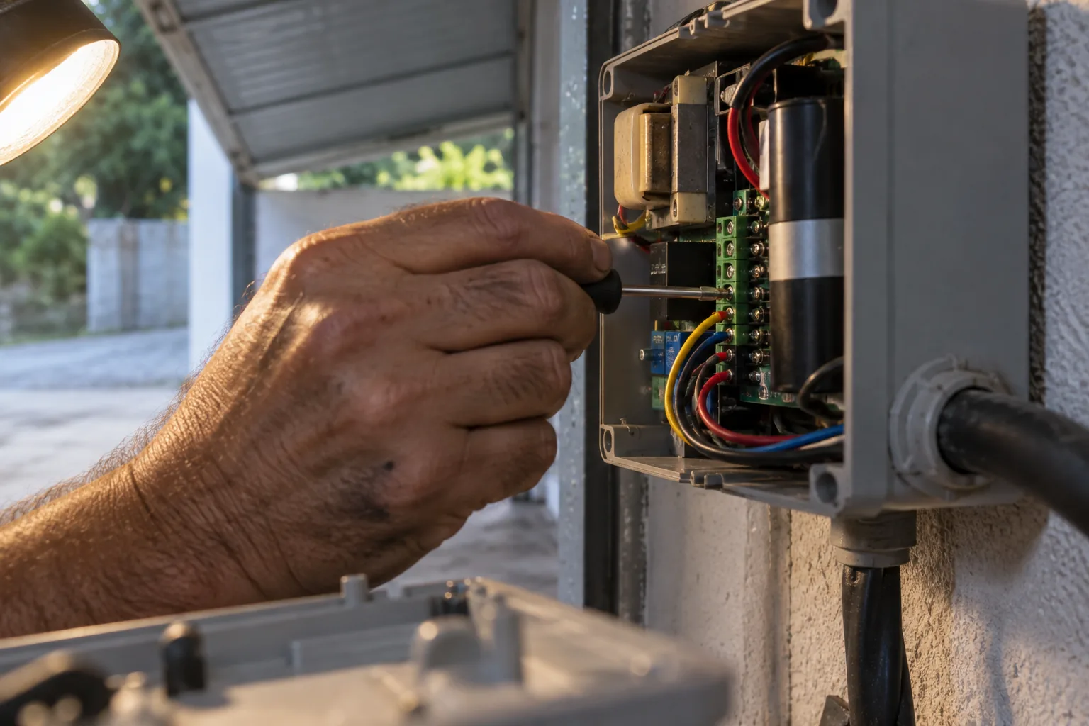 Técnico ajustando com chave de fenda o borne da placa de comando dentro da caixa do automatizador