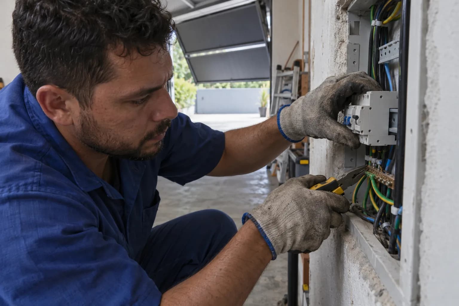 Eletricista instalando disjuntor bipolar e dispositivo DR no quadro de distribuição da garagem, com cabo de aterramento verde e amarelo
