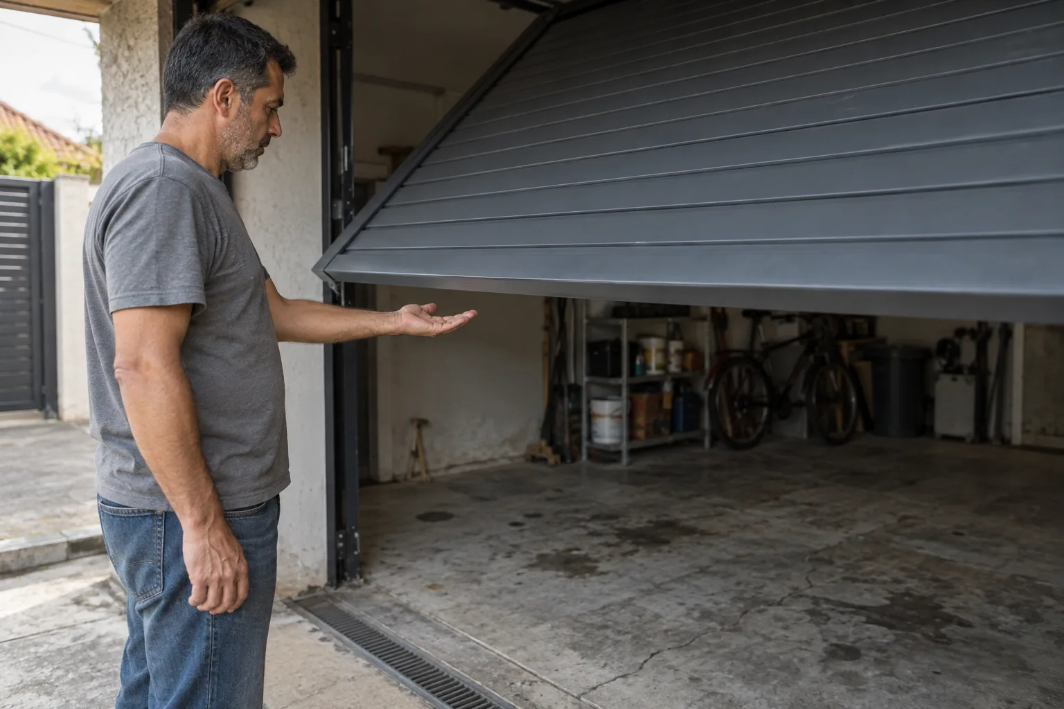 Homem soltando a folha do portão basculante erguida até a metade do percurso para testar o equilíbrio do contrapeso