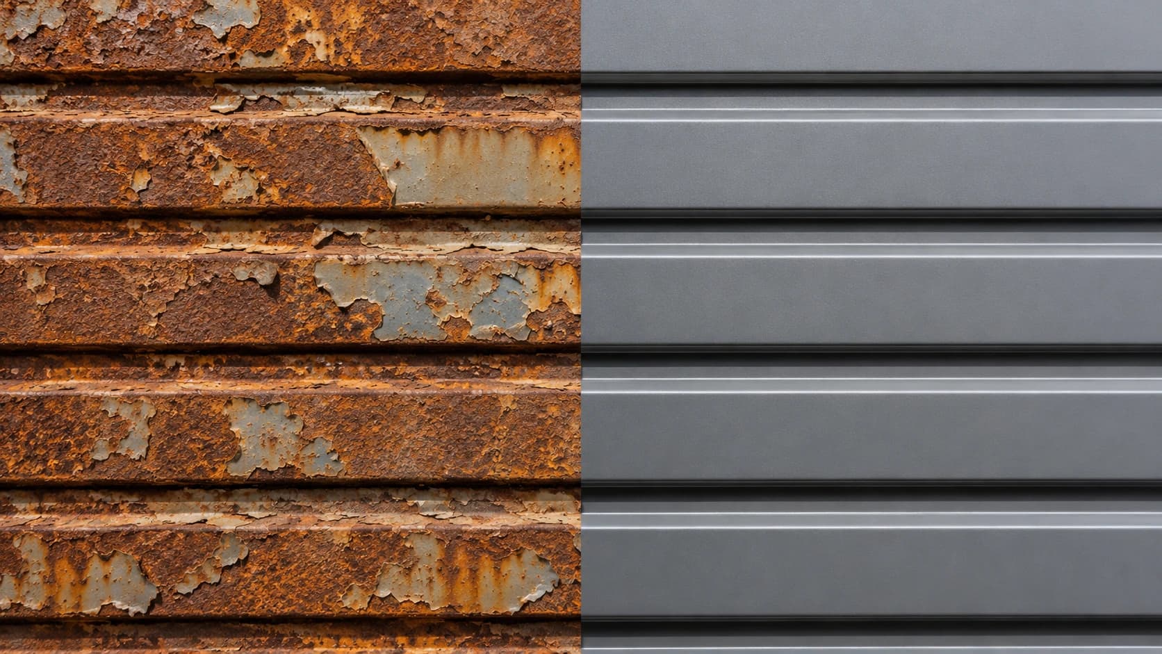 Comparação lado a lado entre a superfície corroída de um portão de ferro e a superfície íntegra de um portão de alumínio