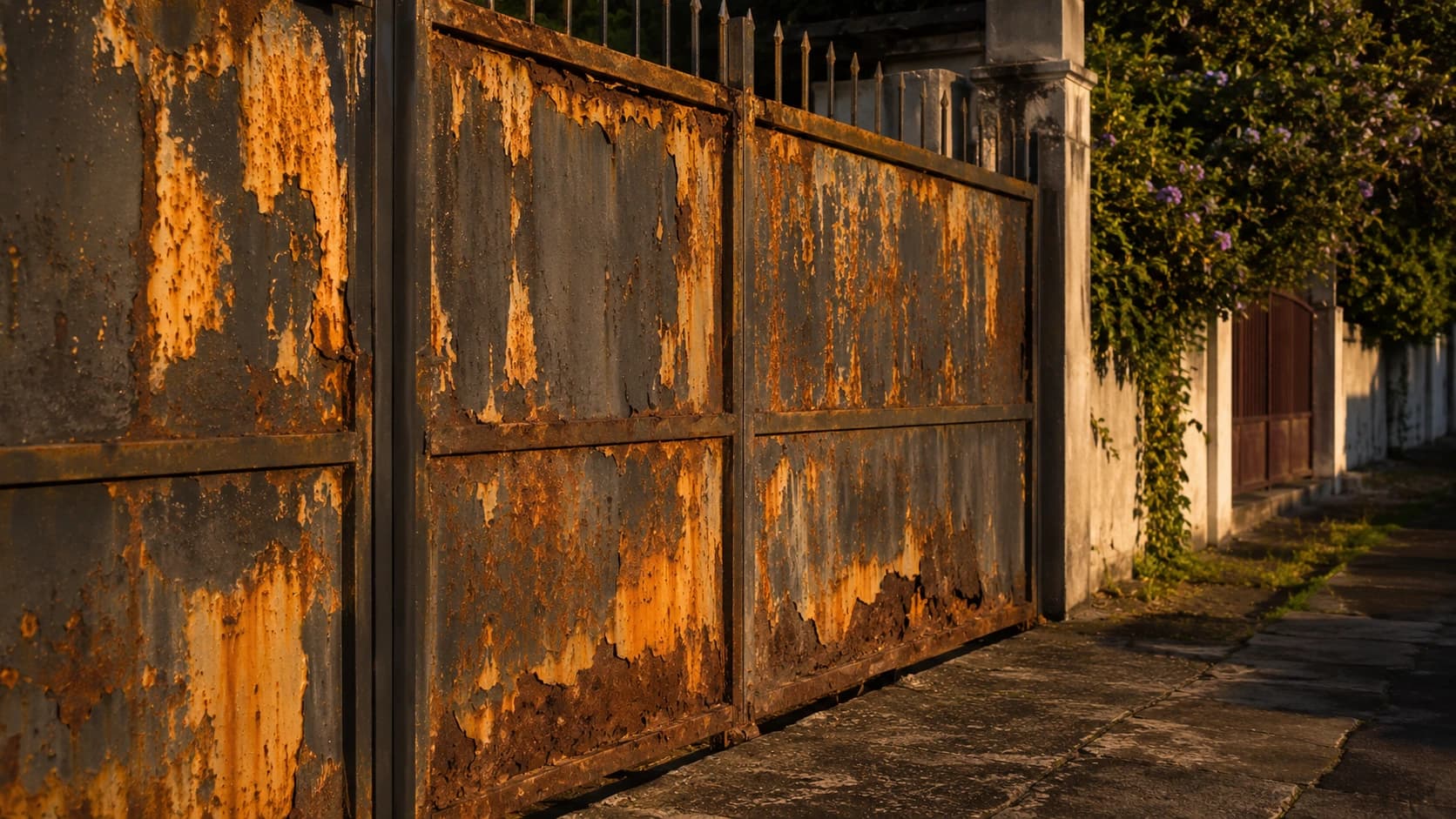 Portão de ferro antigo com tinta descascada e manchas alaranjadas de corrosão em rua residencial