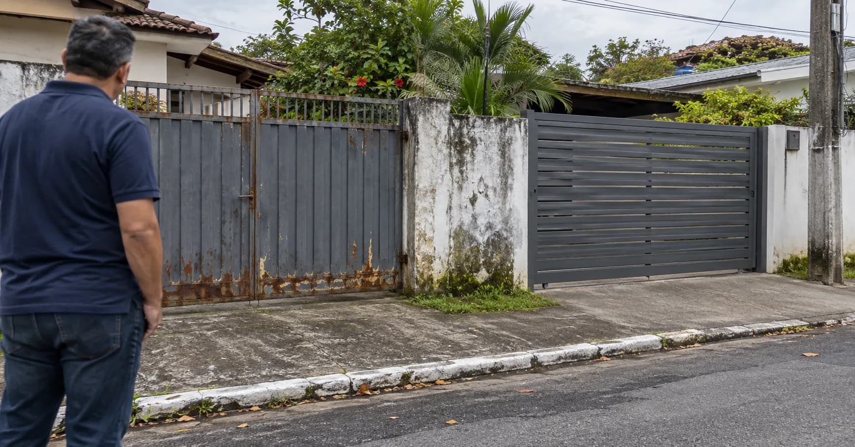 Rua residencial em Joinville com dois portões vizinhos lado a lado, um portão de ferro cinza com ferrugem na barra inferior e um portão basculante de alumínio grafite sem corrosão, enquanto um morador na calçada observa a parte enferrujada
