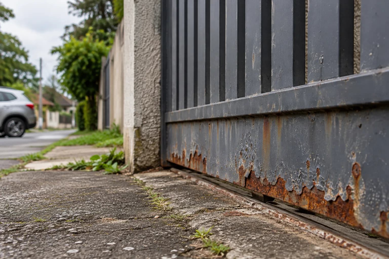 Portão de ferro em rua residencial com tinta estufada e ferrugem na borda inferior