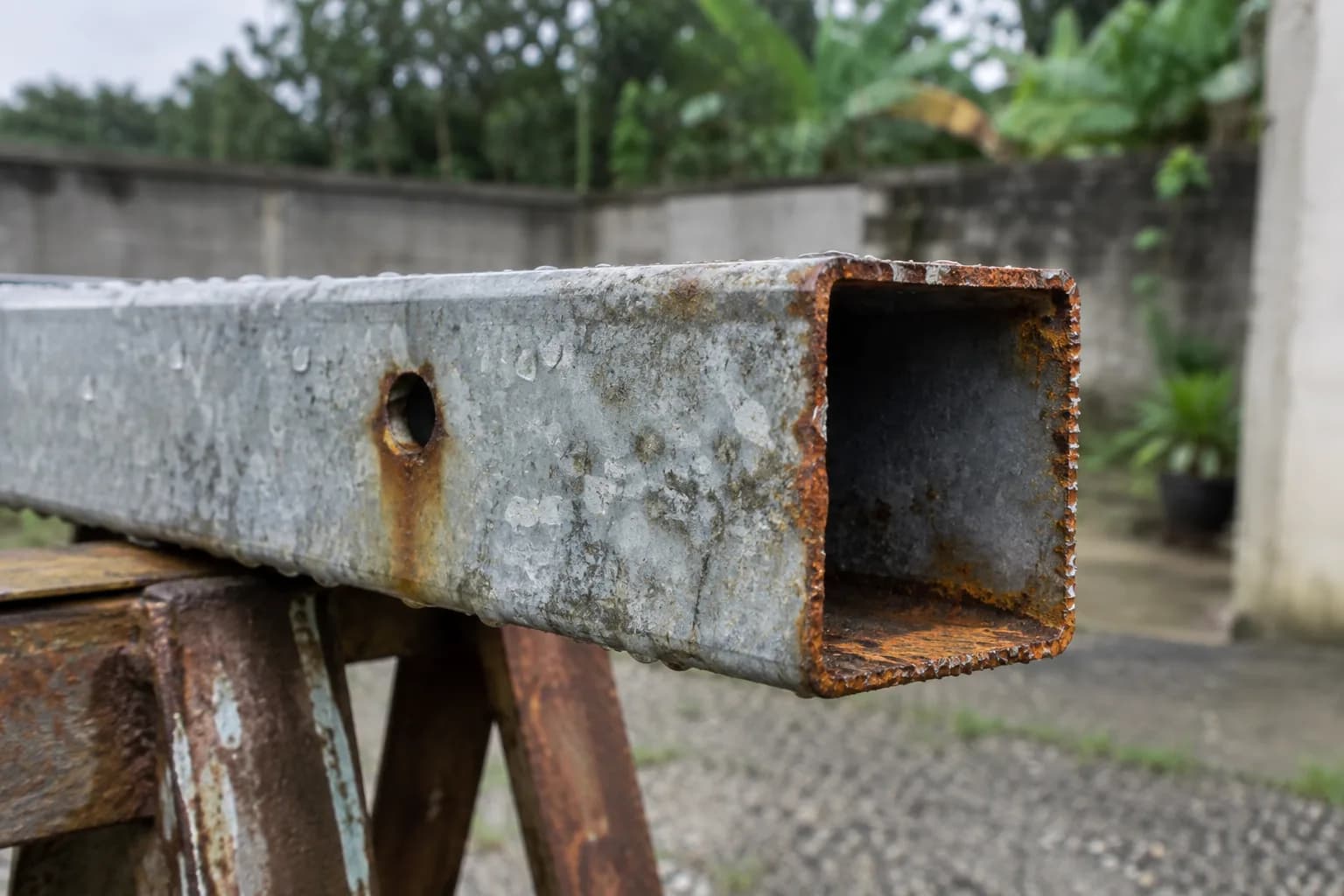 Extremidade cortada de tubo de aço galvanizado com fio de ferrugem na borda e mancha marrom ao redor de um furo de parafuso