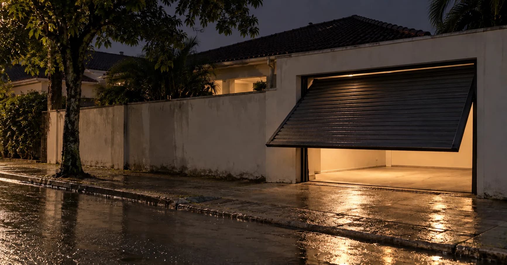Portão eletrônico abrindo sozinho à noite, com a folha basculante de alumínio parcialmente erguida e a garagem vazia iluminada por dentro