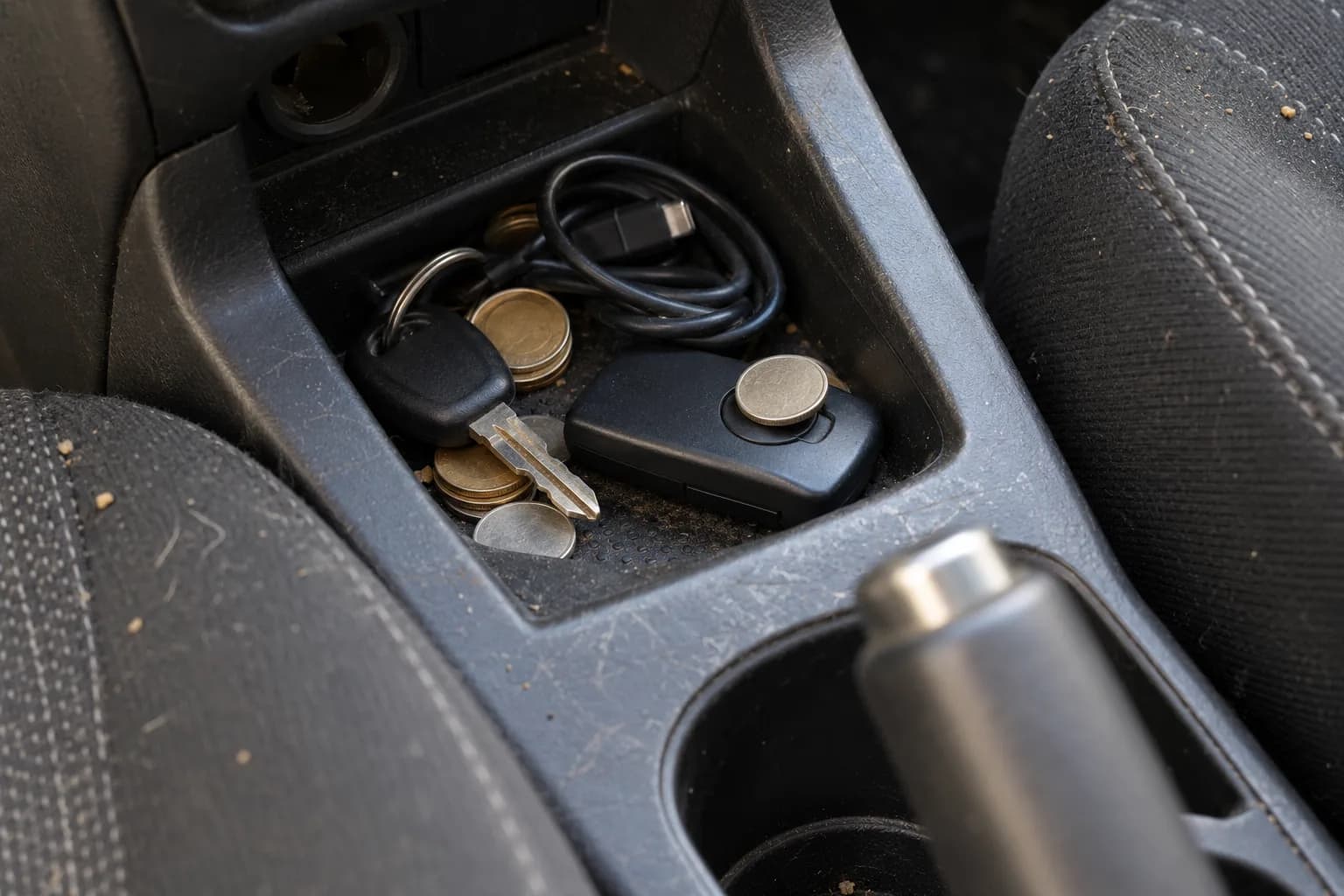 Controle remoto de portão esquecido no console de um carro, com uma moeda apoiada sobre um dos botões