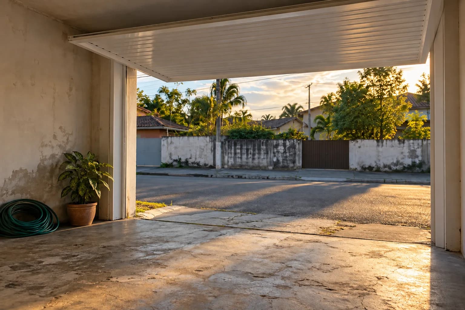 Portão basculante de alumínio aberto numa garagem residencial vazia ao entardecer, sem ninguém por perto. Tudo para explicar portão eletrônico abrindo sozinho.