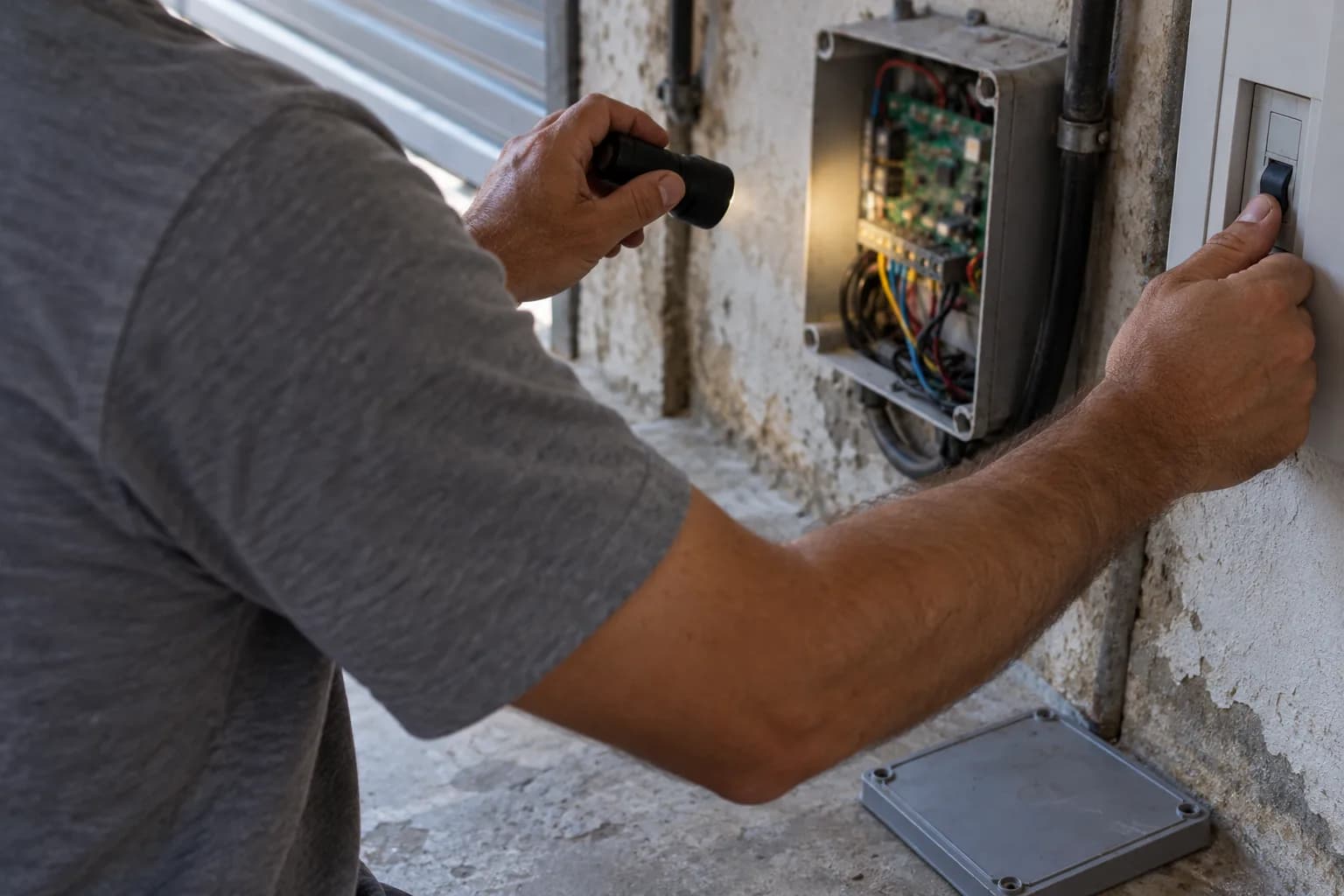 Técnico de portão com lanterna examinando a placa de uma central de automatizador aberta, com o disjuntor desligado ao lado