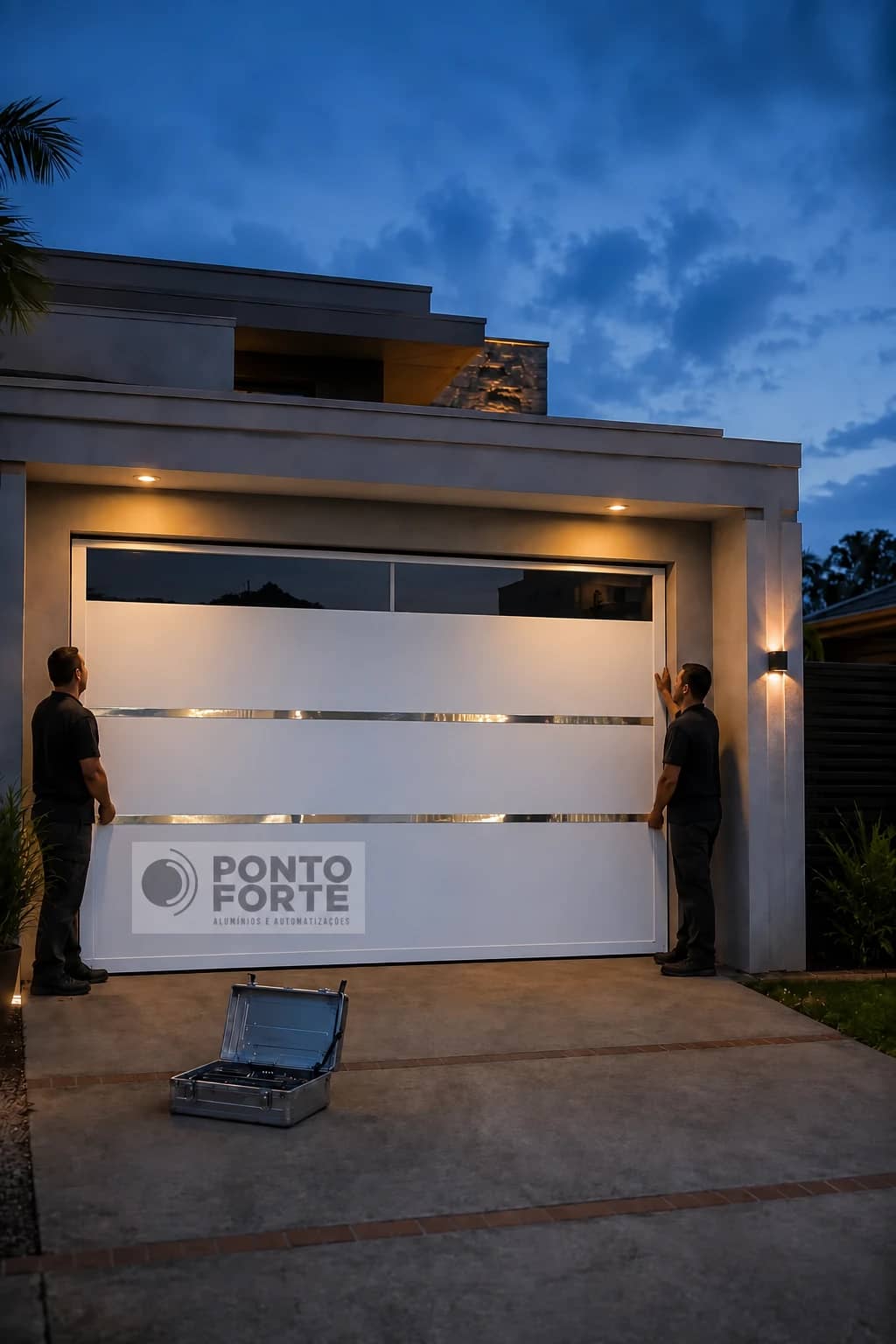 Equipe da Ponto Forte instalando um portão basculante de alumínio em Joinville