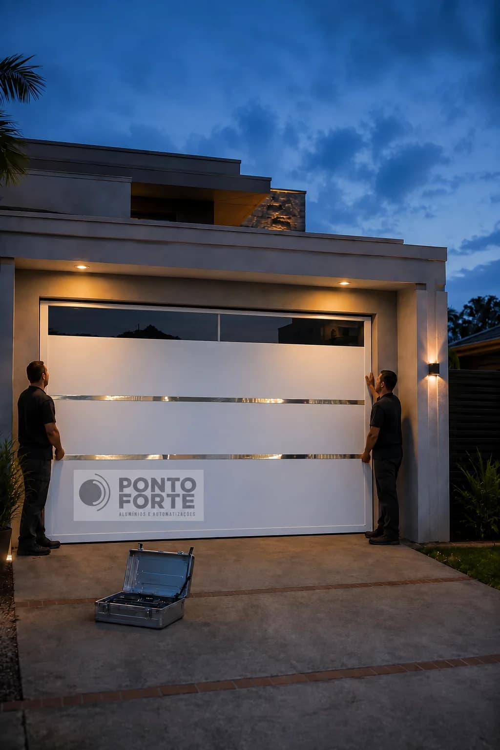 Equipe da Ponto Forte instalando um portão basculante de alumínio em Joinville