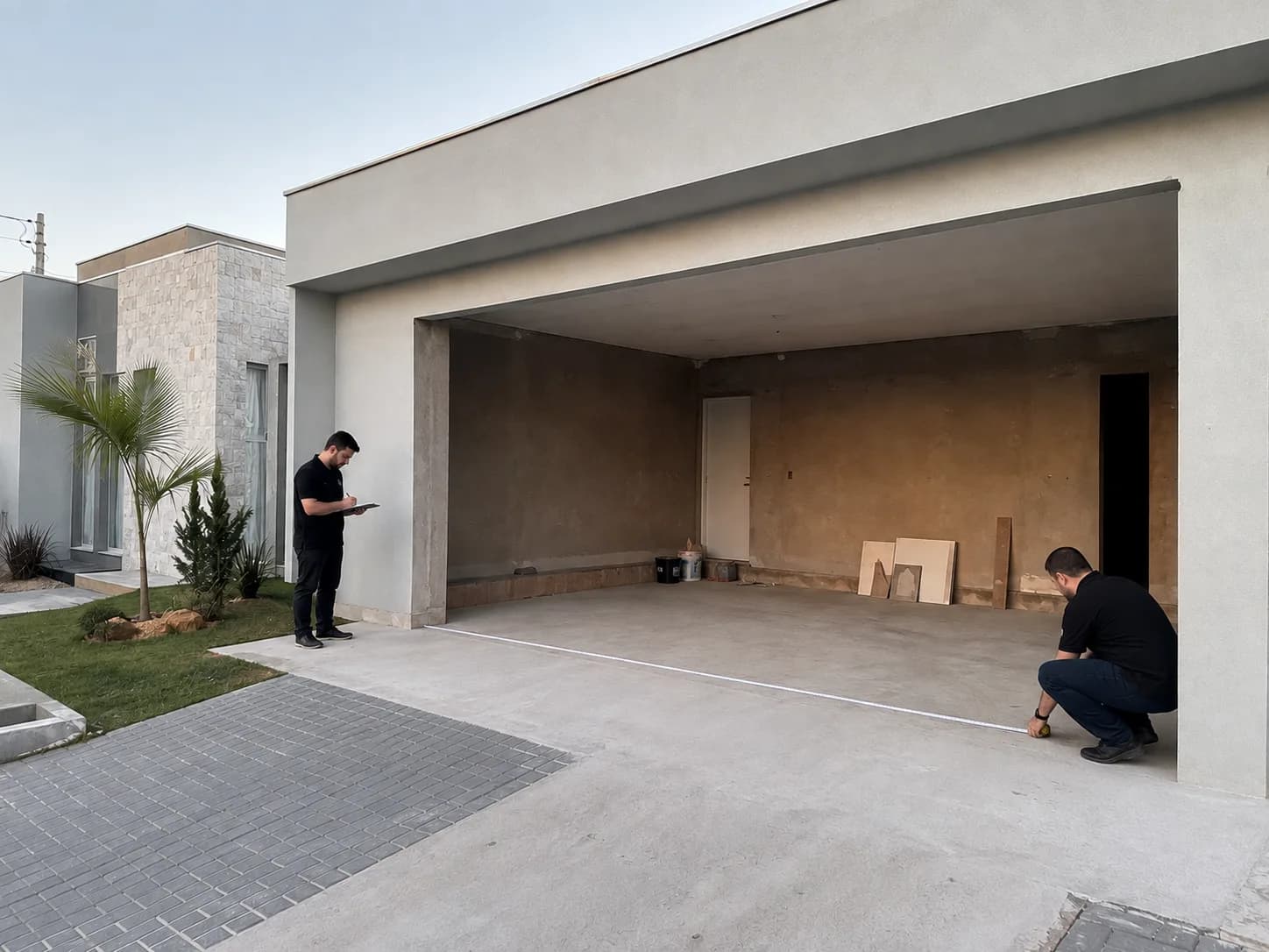 Dois profissionais medindo com trena o vão da garagem de uma residência antes de fabricar o portão basculante