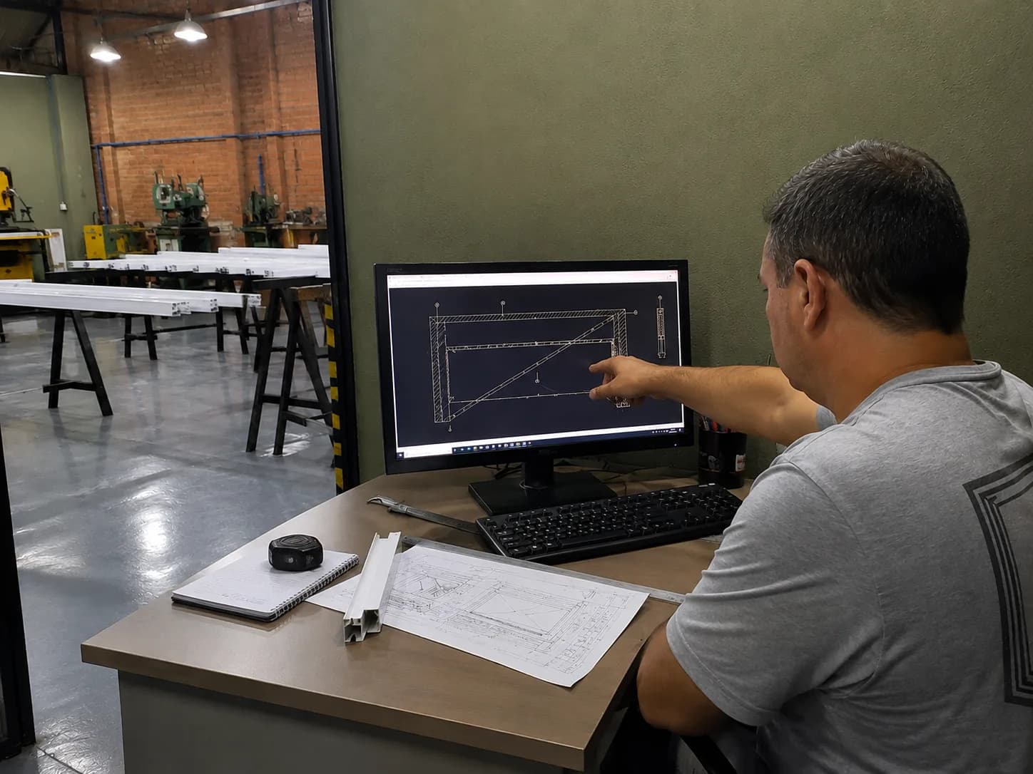 Projetista conferindo no computador o desenho estrutural de um portão basculante, com o perfil de alumínio e o desenho impresso sobre a mesa